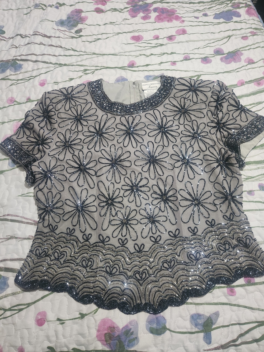 Papell Boutique Vintage Silk Silver and Black Floral Sequin Short Sleeve Top